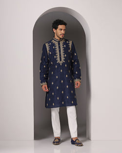 Royal Blue Elegance: Hand-Embroidered Raw Silk Kurta