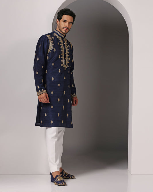 Royal Blue Elegance: Hand-Embroidered Raw Silk Kurta