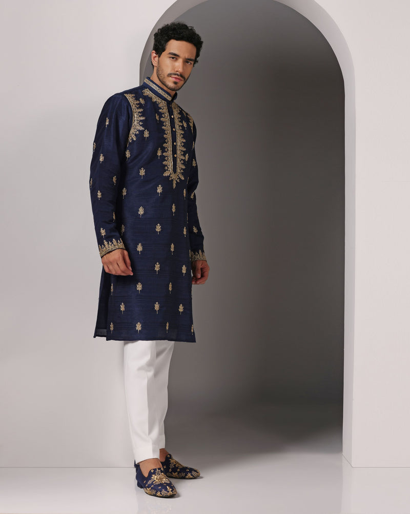 Royal Blue Elegance: Hand-Embroidered Raw Silk Kurta