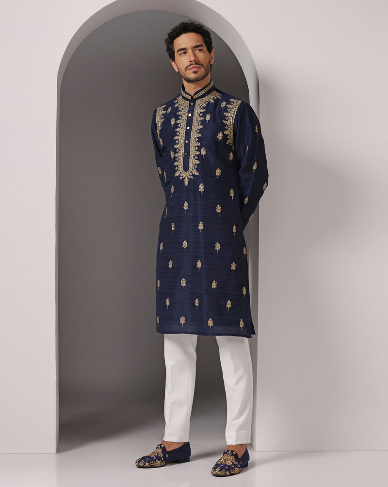 Royal Blue Elegance: Hand-Embroidered Raw Silk Kurta