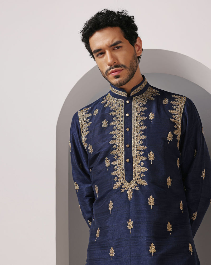 Royal Blue Elegance: Hand-Embroidered Raw Silk Kurta