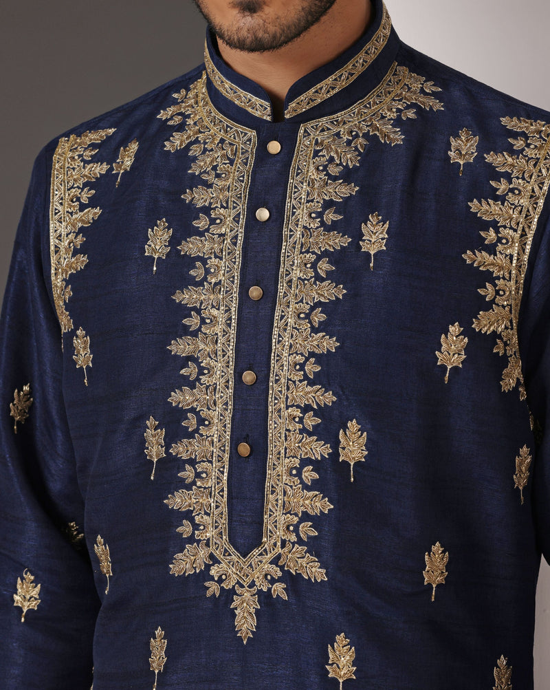 Royal Blue Elegance: Hand-Embroidered Raw Silk Kurta