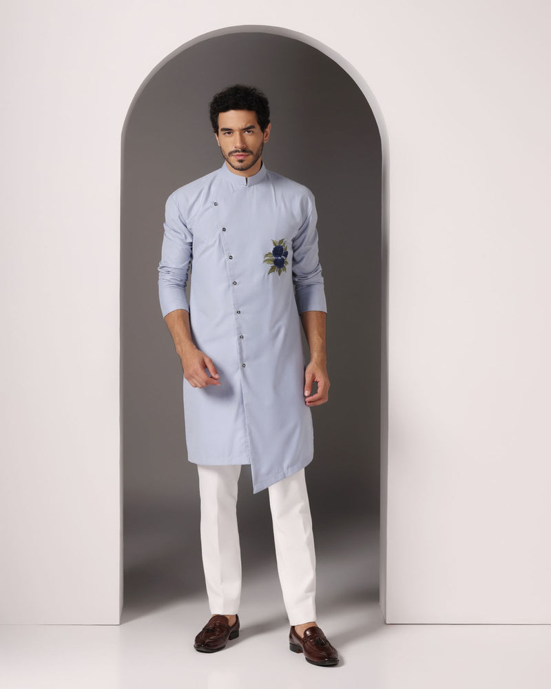 Serenely Stylish: Sky Blue Poly Wool Kurta with Chest Thread Embroidery