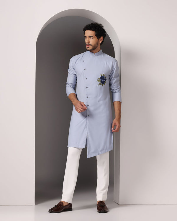 Serenely Stylish: Sky Blue Poly Wool Kurta with Chest Thread Embroidery