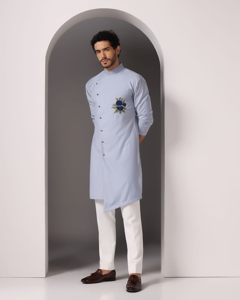 Serenely Stylish: Sky Blue Poly Wool Kurta with Chest Thread Embroidery