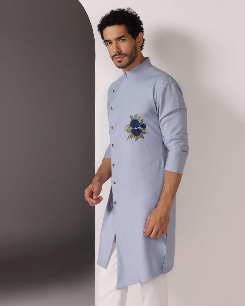 Serenely Stylish: Sky Blue Poly Wool Kurta with Chest Thread Embroidery