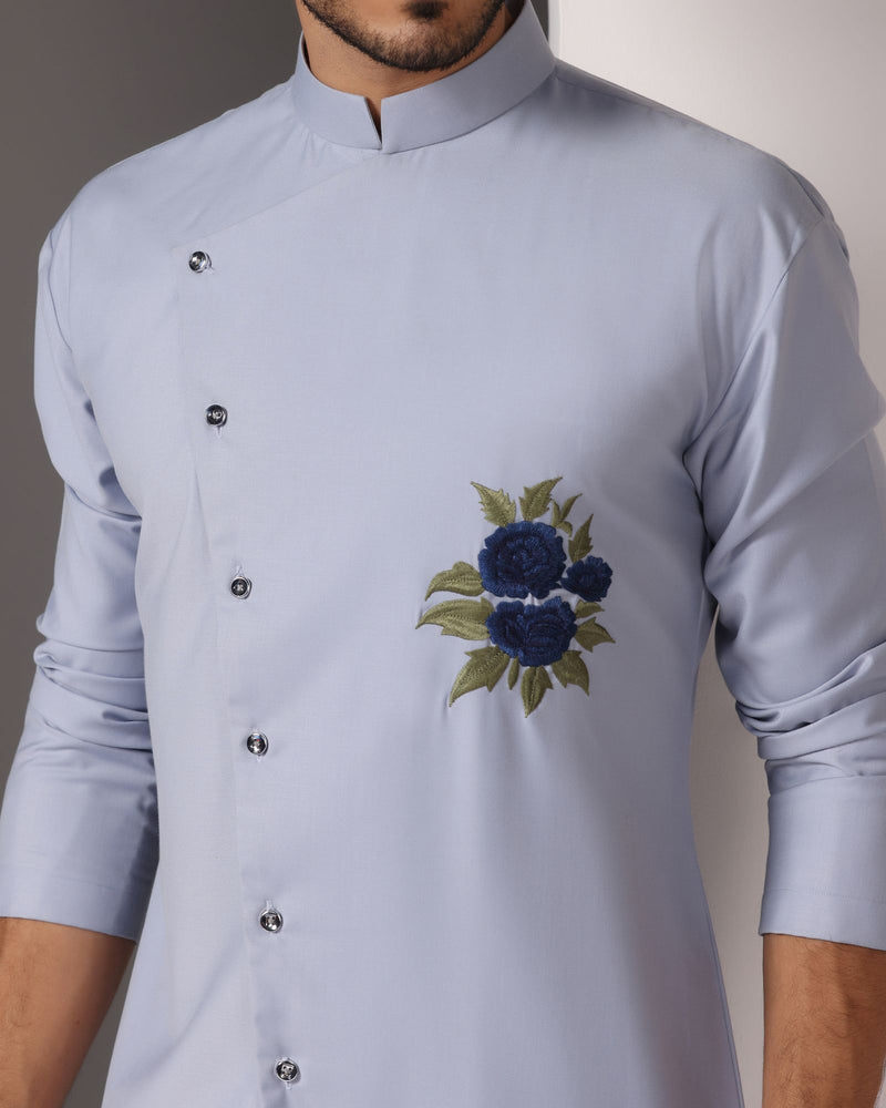 Serenely Stylish: Sky Blue Poly Wool Kurta with Chest Thread Embroidery