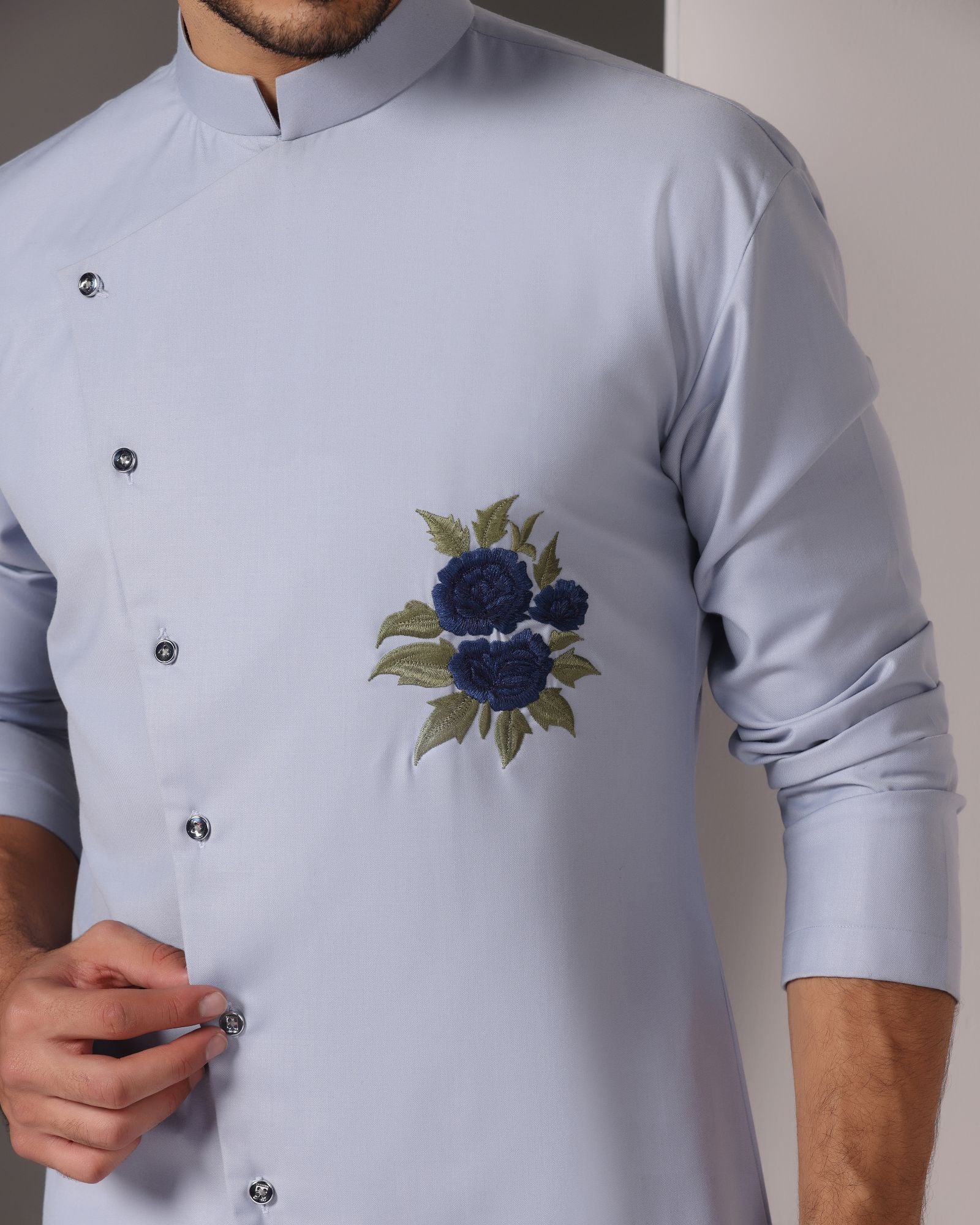 Serenely Stylish: Sky Blue Poly Wool Kurta with Chest Thread Embroidery