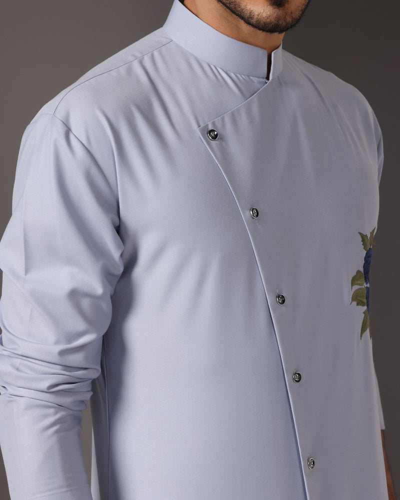 Serenely Stylish: Sky Blue Poly Wool Kurta with Chest Thread Embroidery