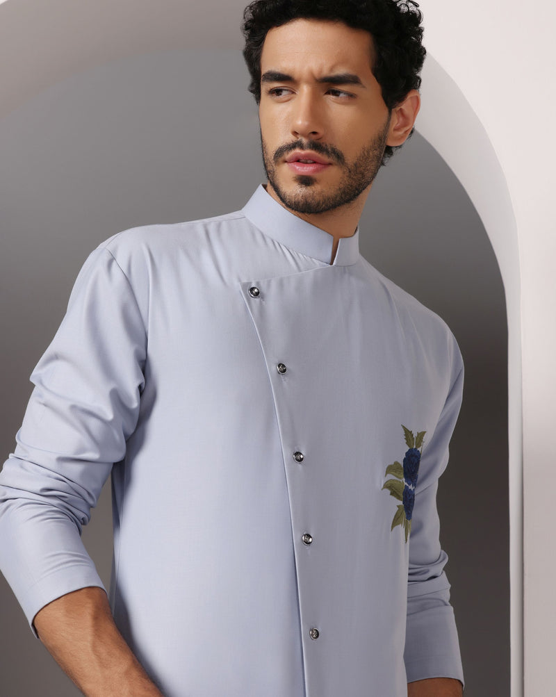 Serenely Stylish: Sky Blue Poly Wool Kurta with Chest Thread Embroidery