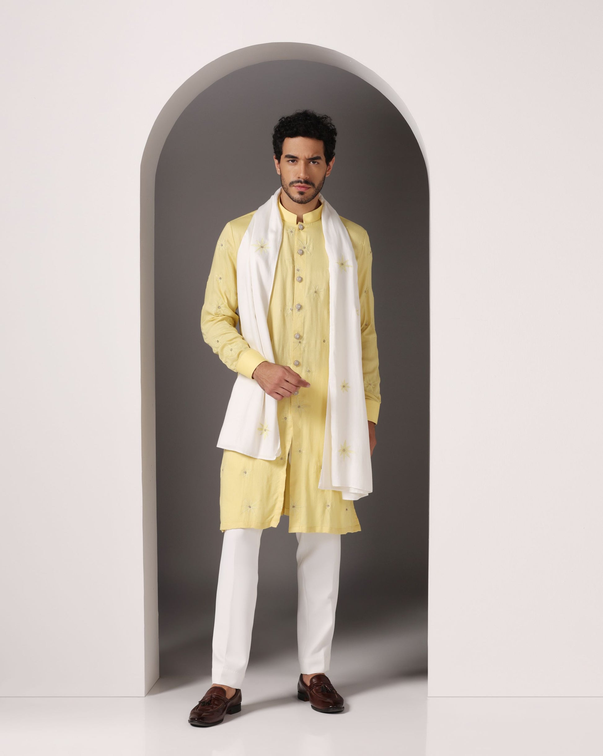 Sunny yellow kurta with hand embroidery and white stole | Bhavya Bhasin Couture