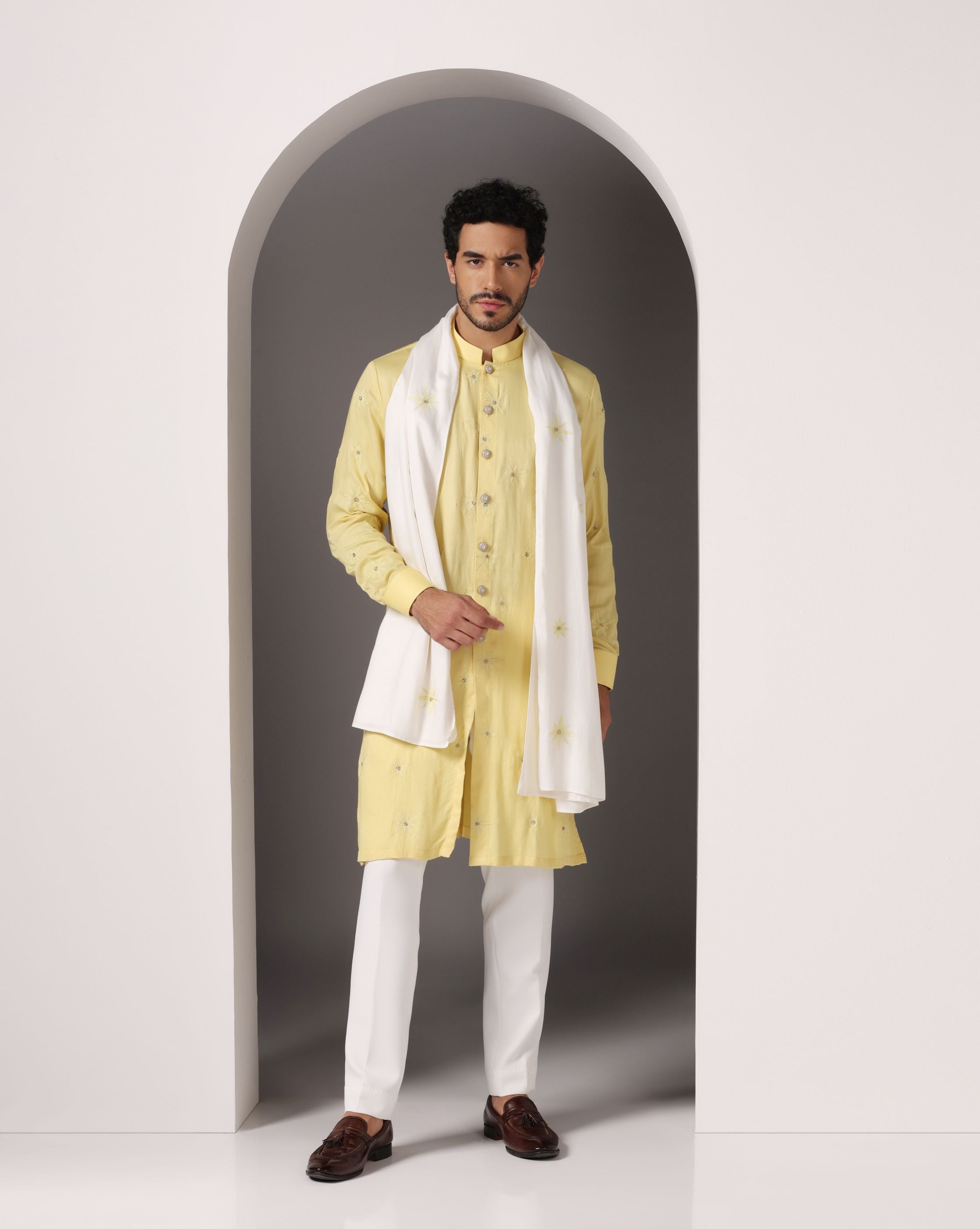 Sunny Yellow Kurta with Hand Embroidery and Matching White Stole