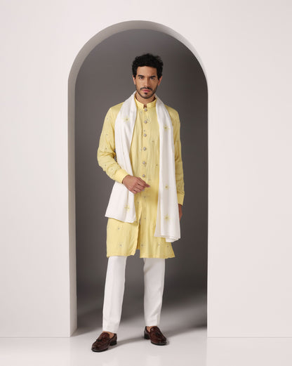 Sunny yellow kurta with hand embroidery and white stole | Bhavya Bhasin Couture