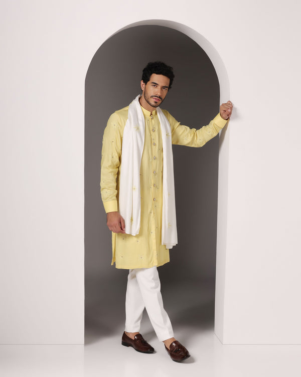 Sunny Yellow Kurta with Hand Embroidery and Matching White Stole
