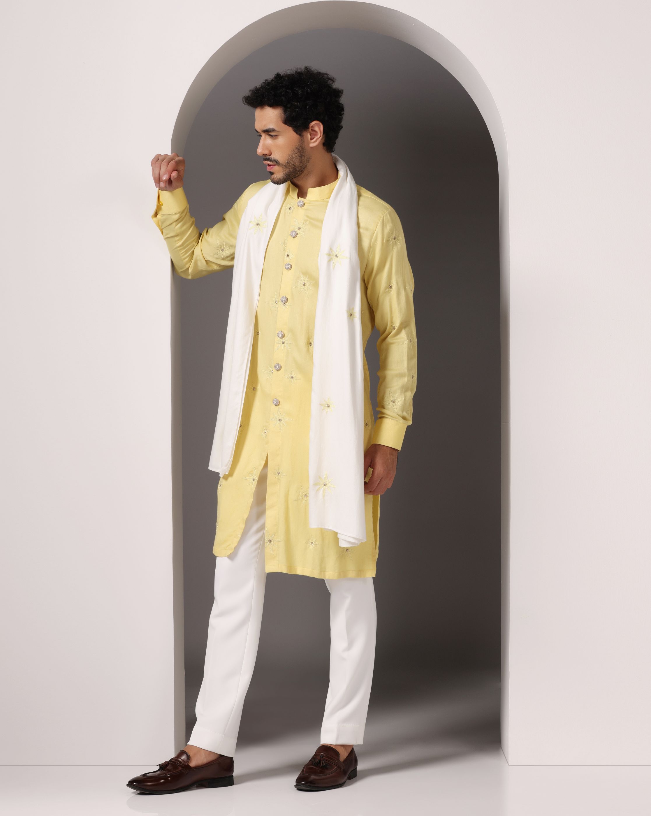 Sunny Yellow Kurta with Hand Embroidery and Matching White Stole