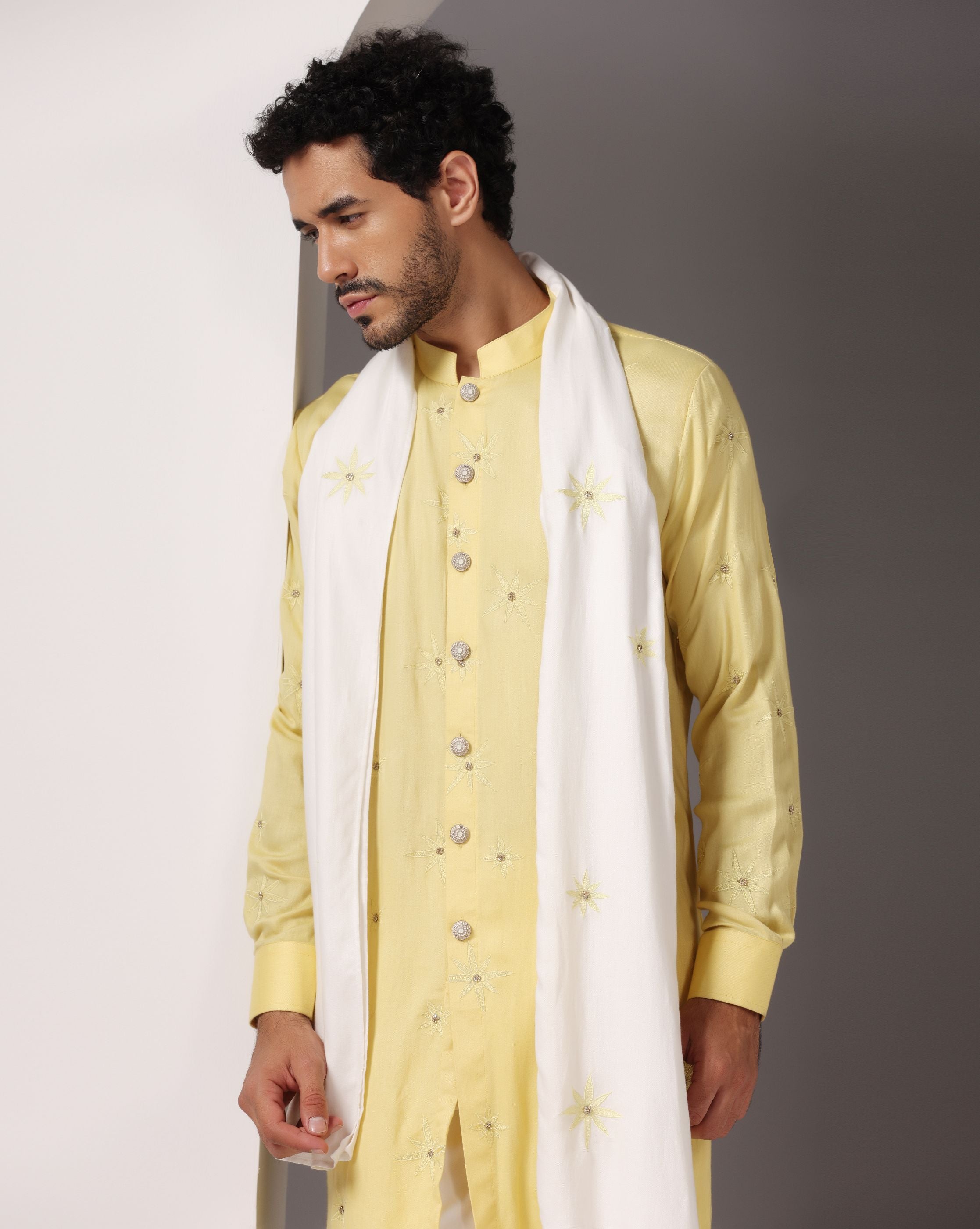 Sunny Yellow Kurta with Hand Embroidery and Matching White Stole