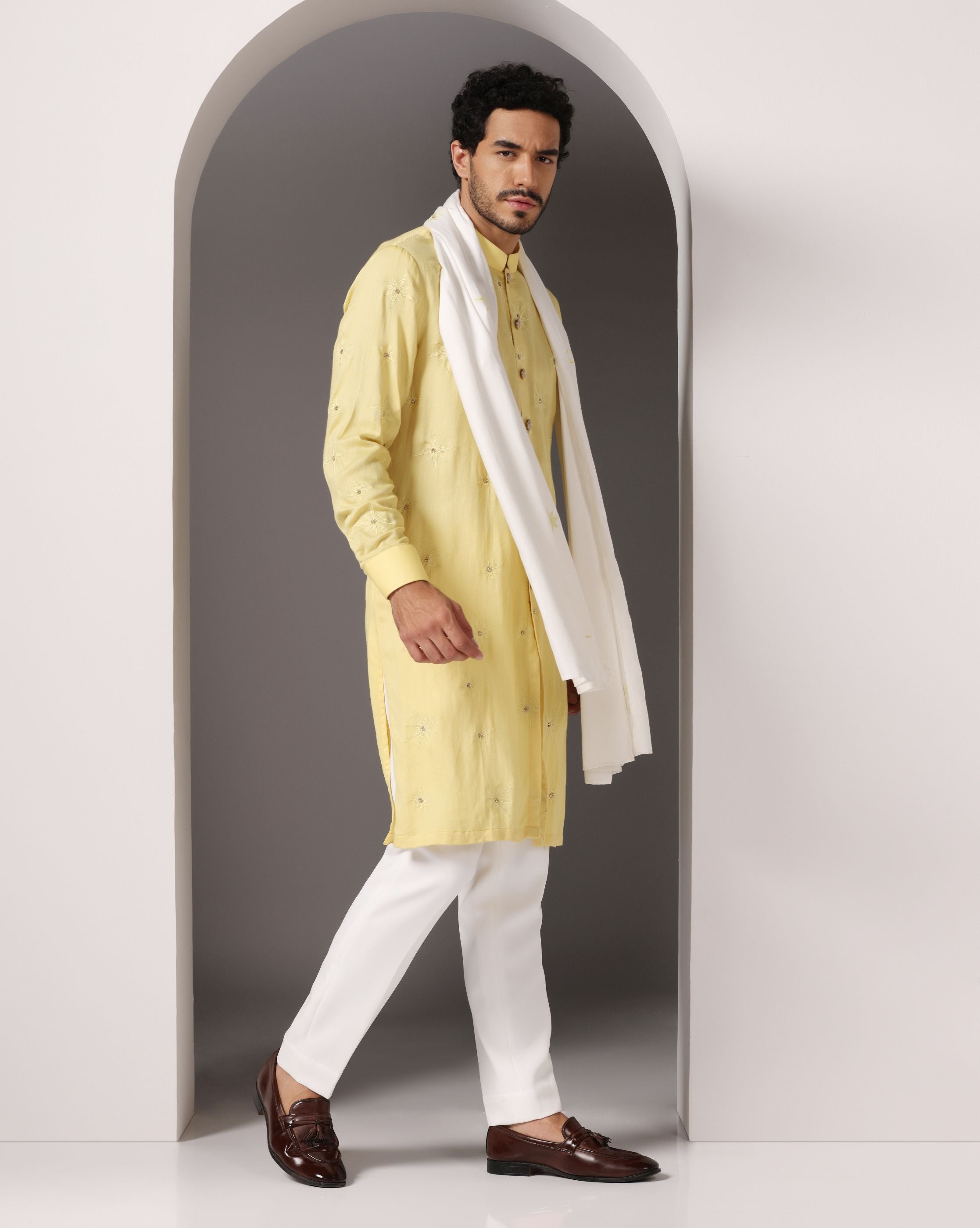 Sunny Yellow Kurta with Hand Embroidery and Matching White Stole