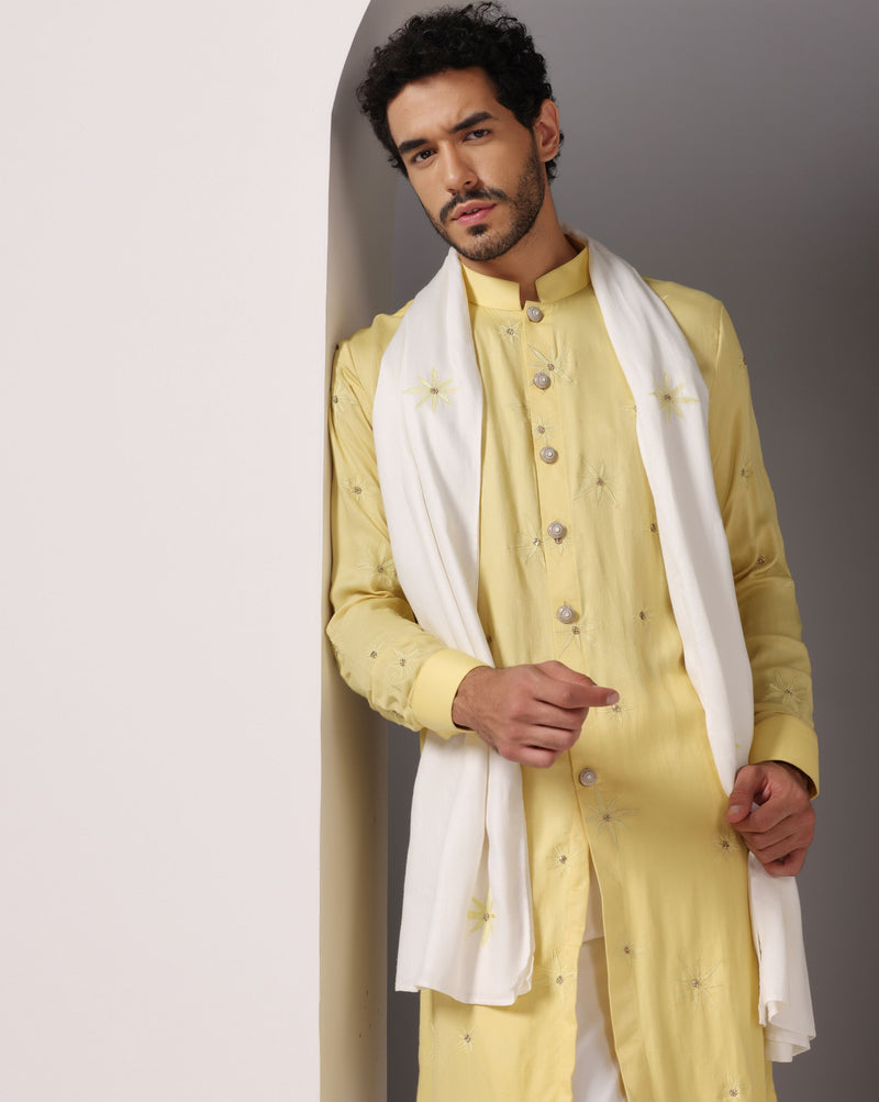 Sunny Yellow Kurta with Hand Embroidery and Matching White Stole