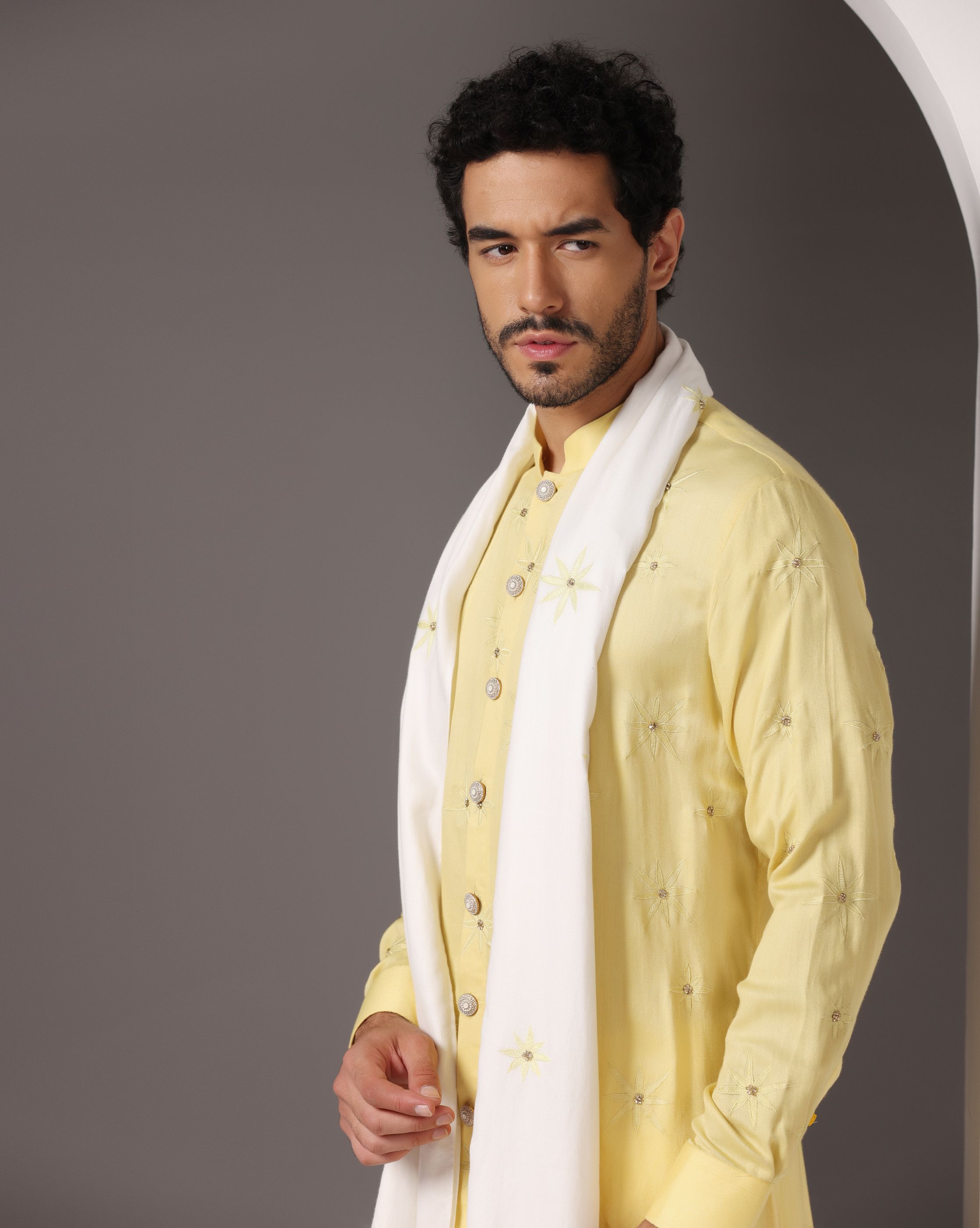 Sunny Yellow Kurta with Hand Embroidery and Matching White Stole