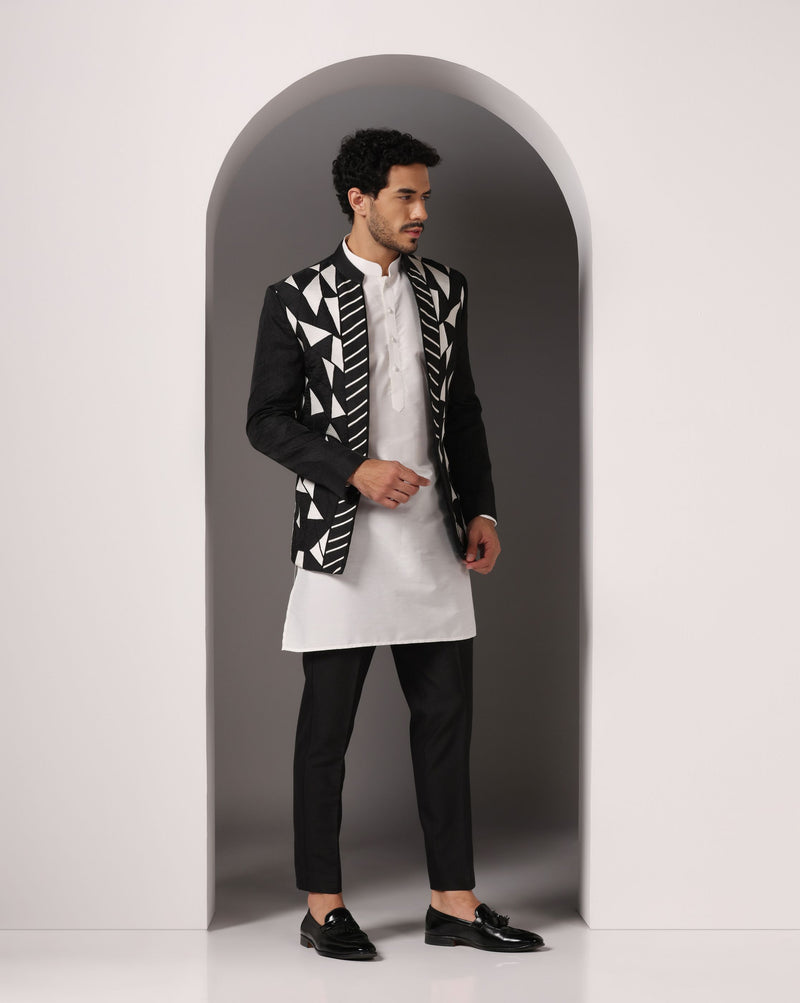 Monochrome Chic: Black Jacket with Thread Embroidery, White Kurta, and Pants