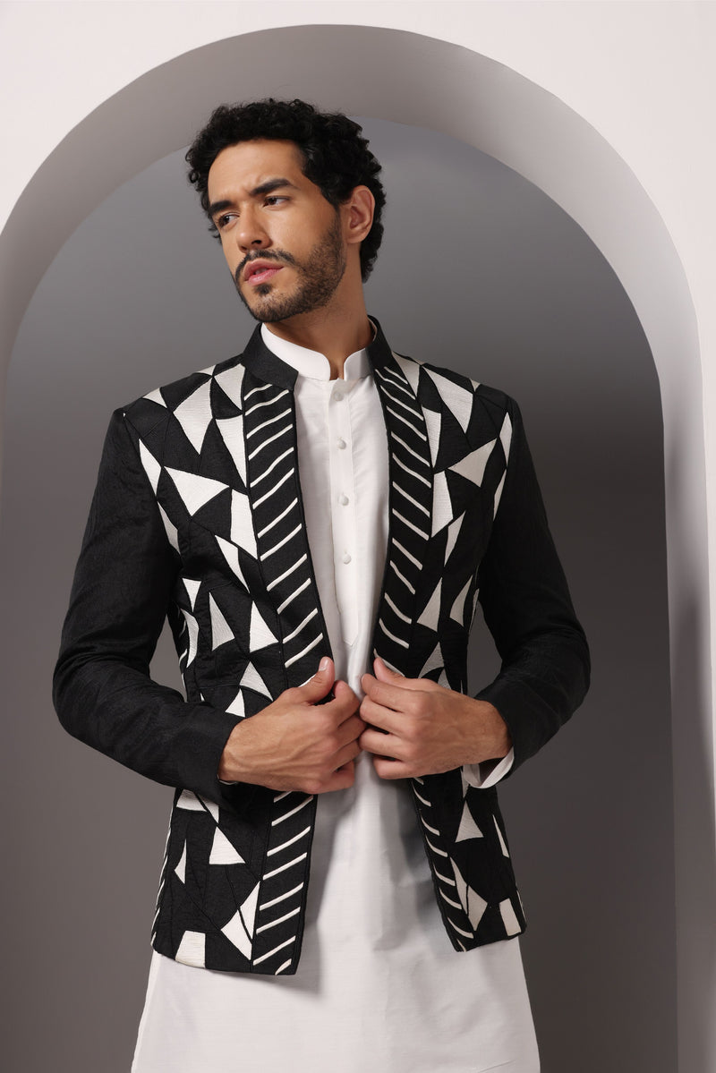 Monochrome Chic: Black Jacket with Thread Embroidery, White Kurta, and Pants