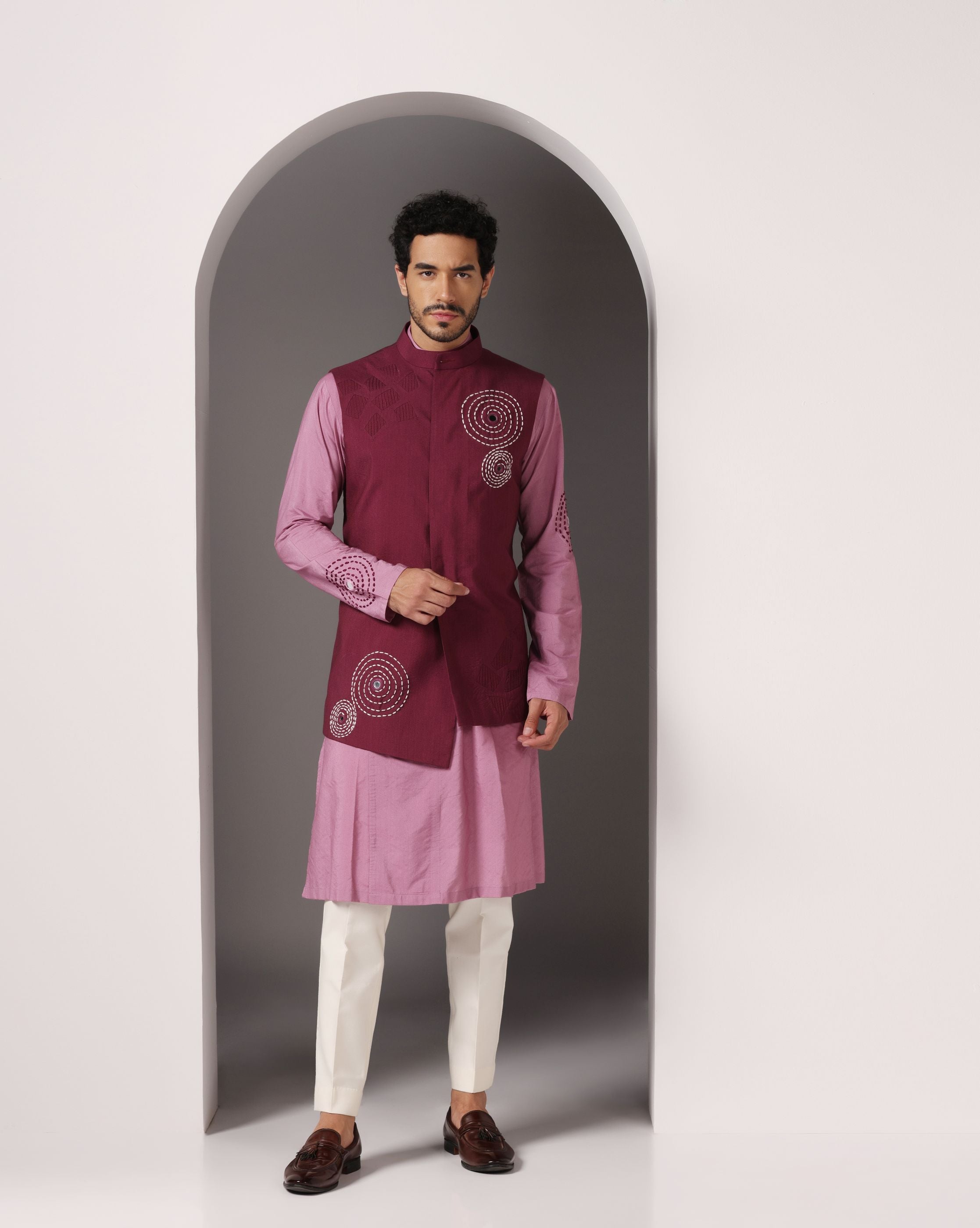 Pretty in Pink: Kurta with Maroon Embroidery and Pintuck Nehru Jacket