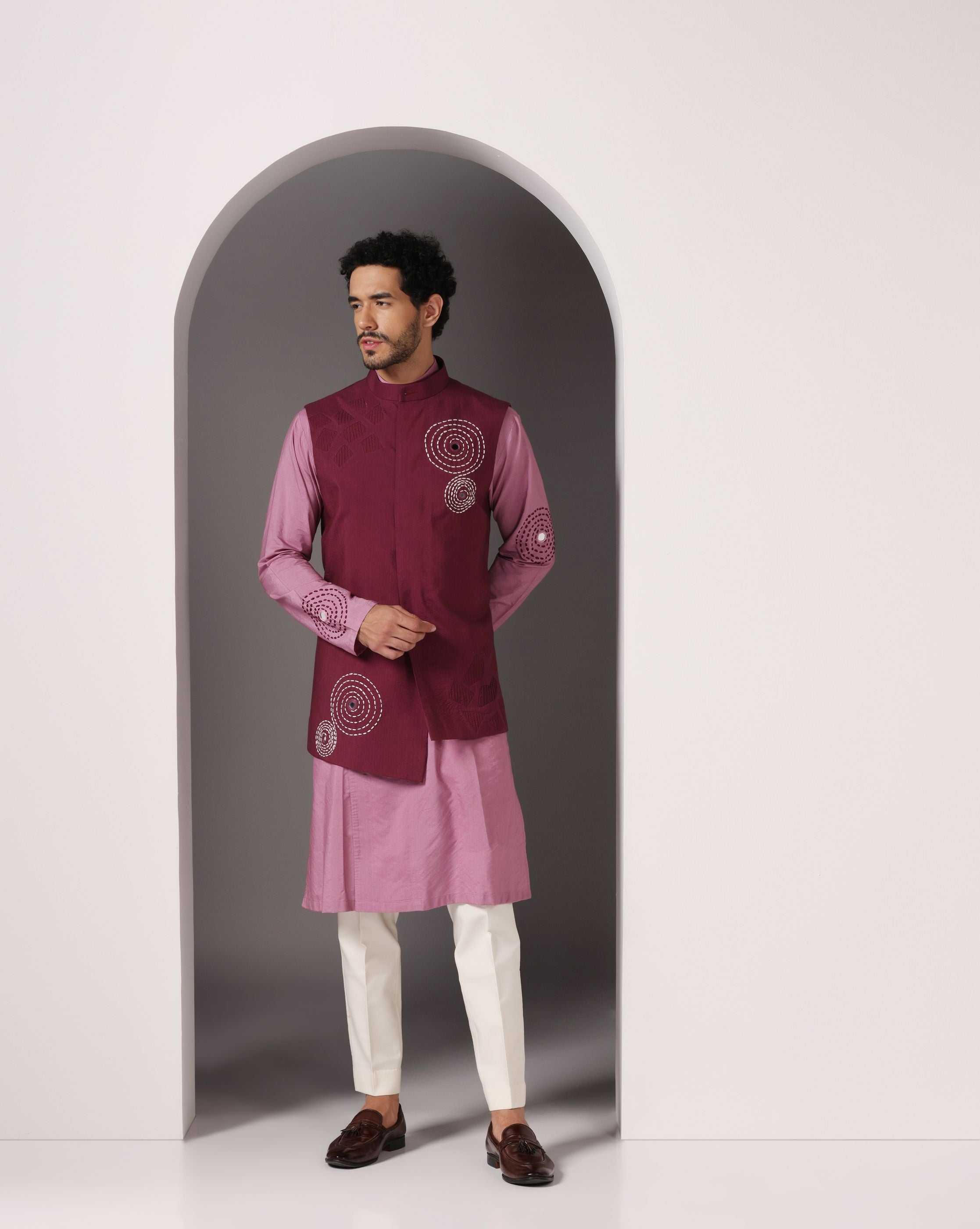 Pretty in Pink: Kurta with Maroon Embroidery and Pintuck Nehru Jacket