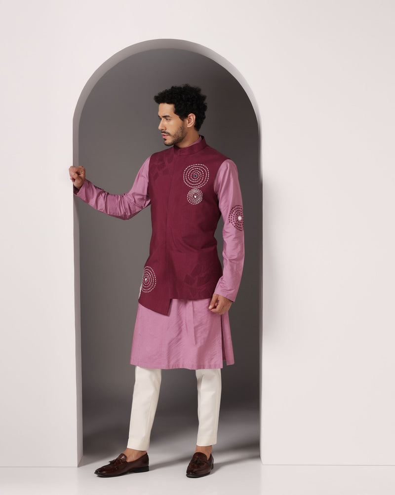 Pretty in Pink: Kurta with Maroon Embroidery and Pintuck Nehru Jacket