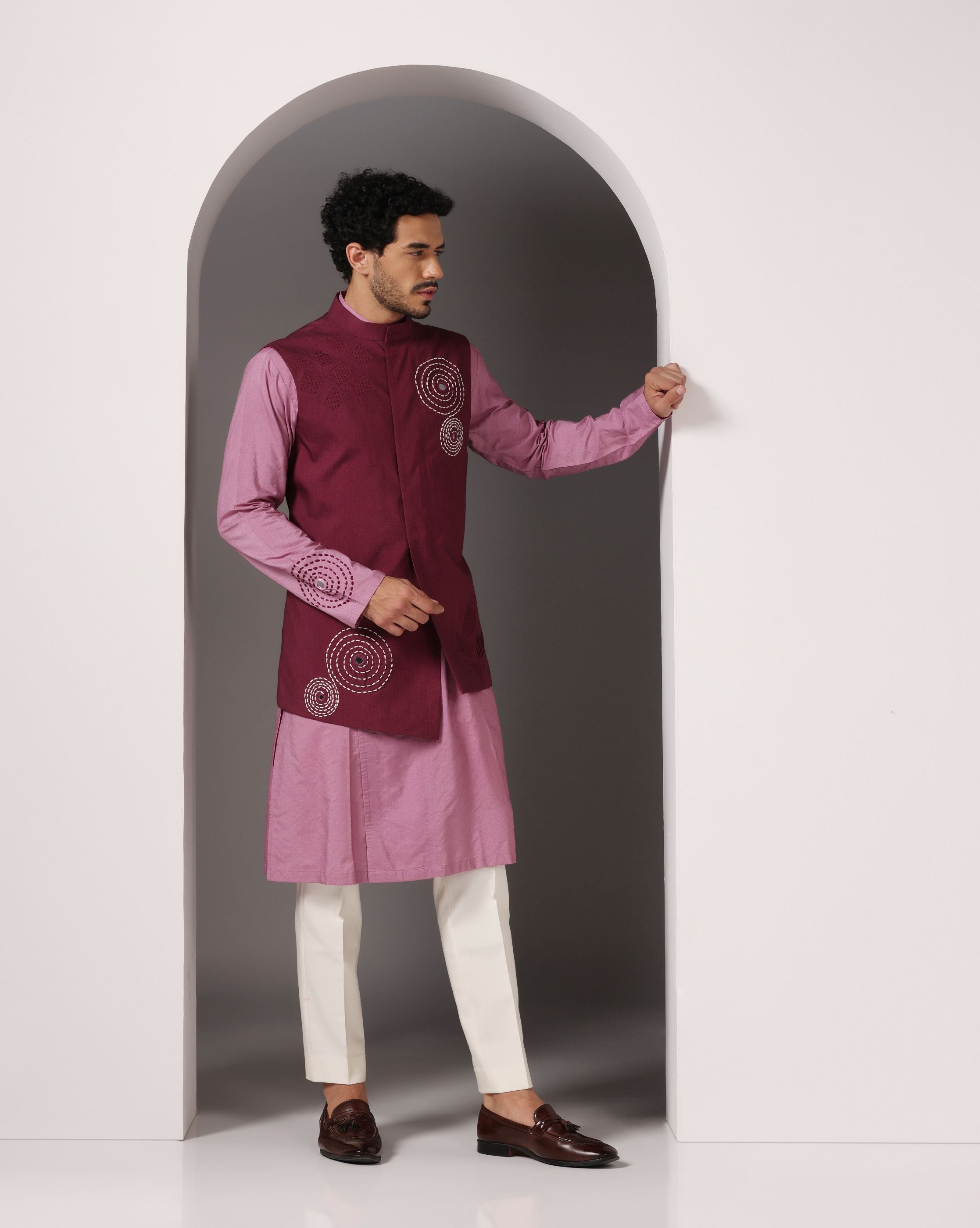 Pretty in Pink: Kurta with Maroon Embroidery and Pintuck Nehru Jacket