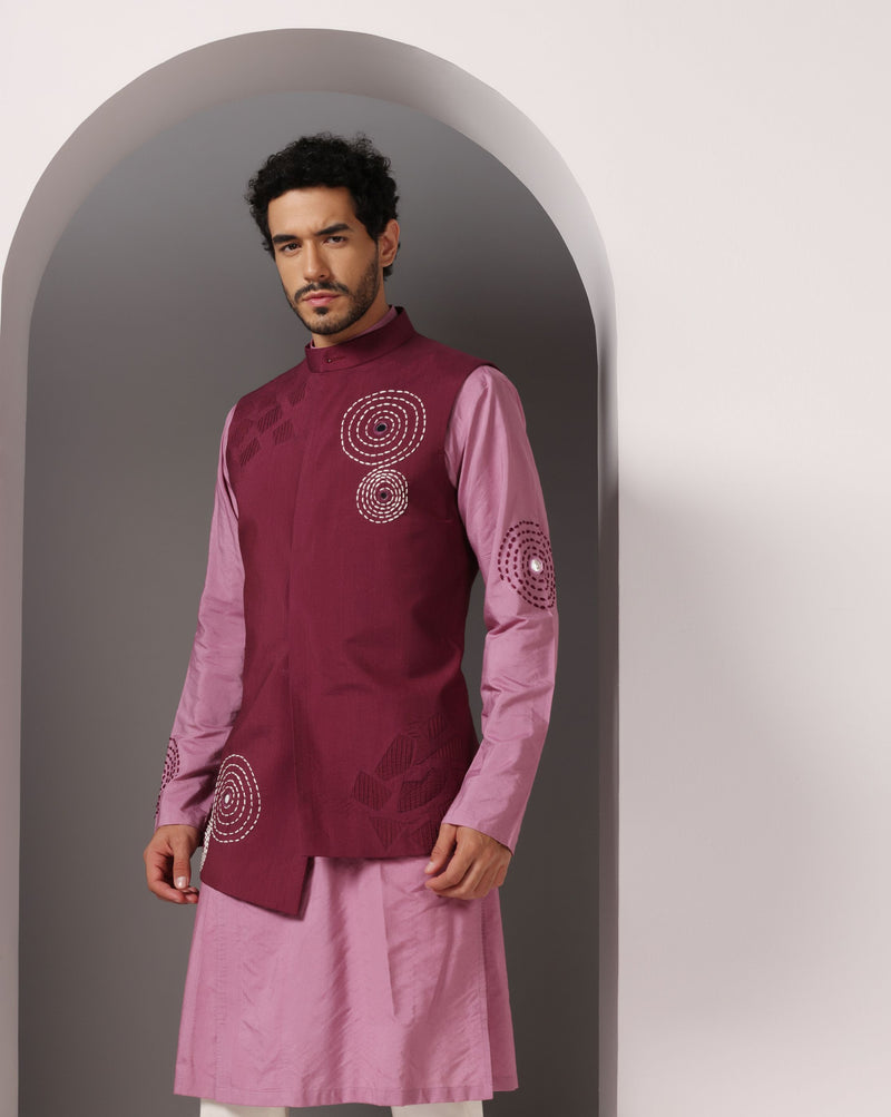 Pretty in Pink: Kurta with Maroon Embroidery and Pintuck Nehru Jacket
