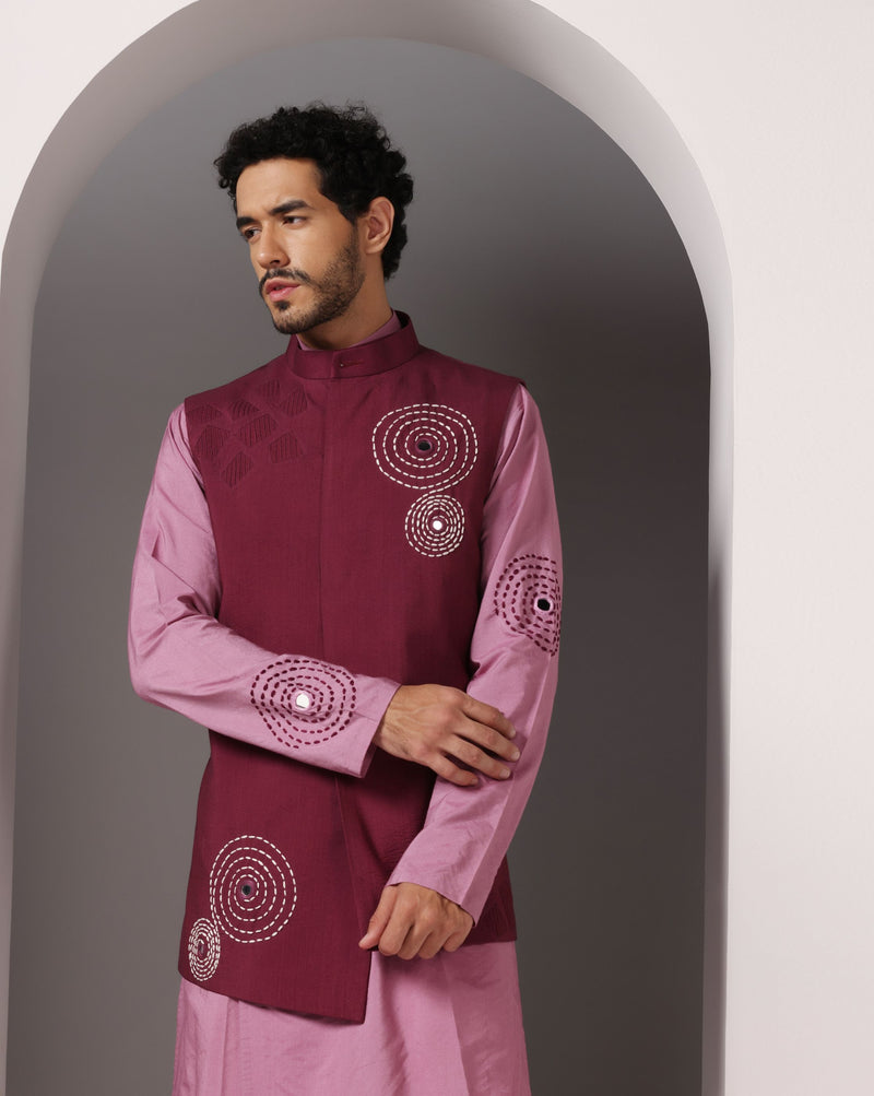 Pretty in Pink: Kurta with Maroon Embroidery and Pintuck Nehru Jacket