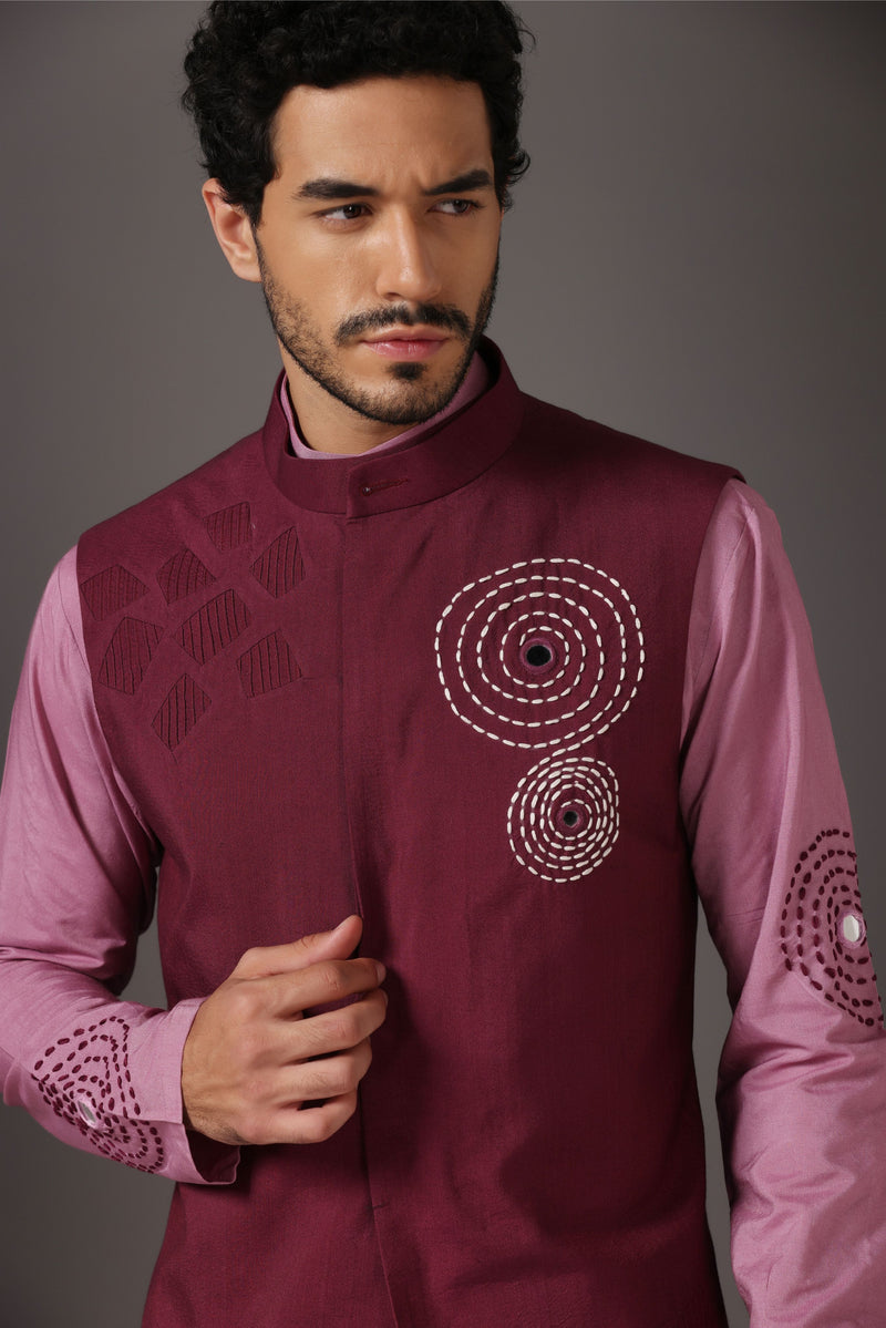 Pretty in Pink: Kurta with Maroon Embroidery and Pintuck Nehru Jacket