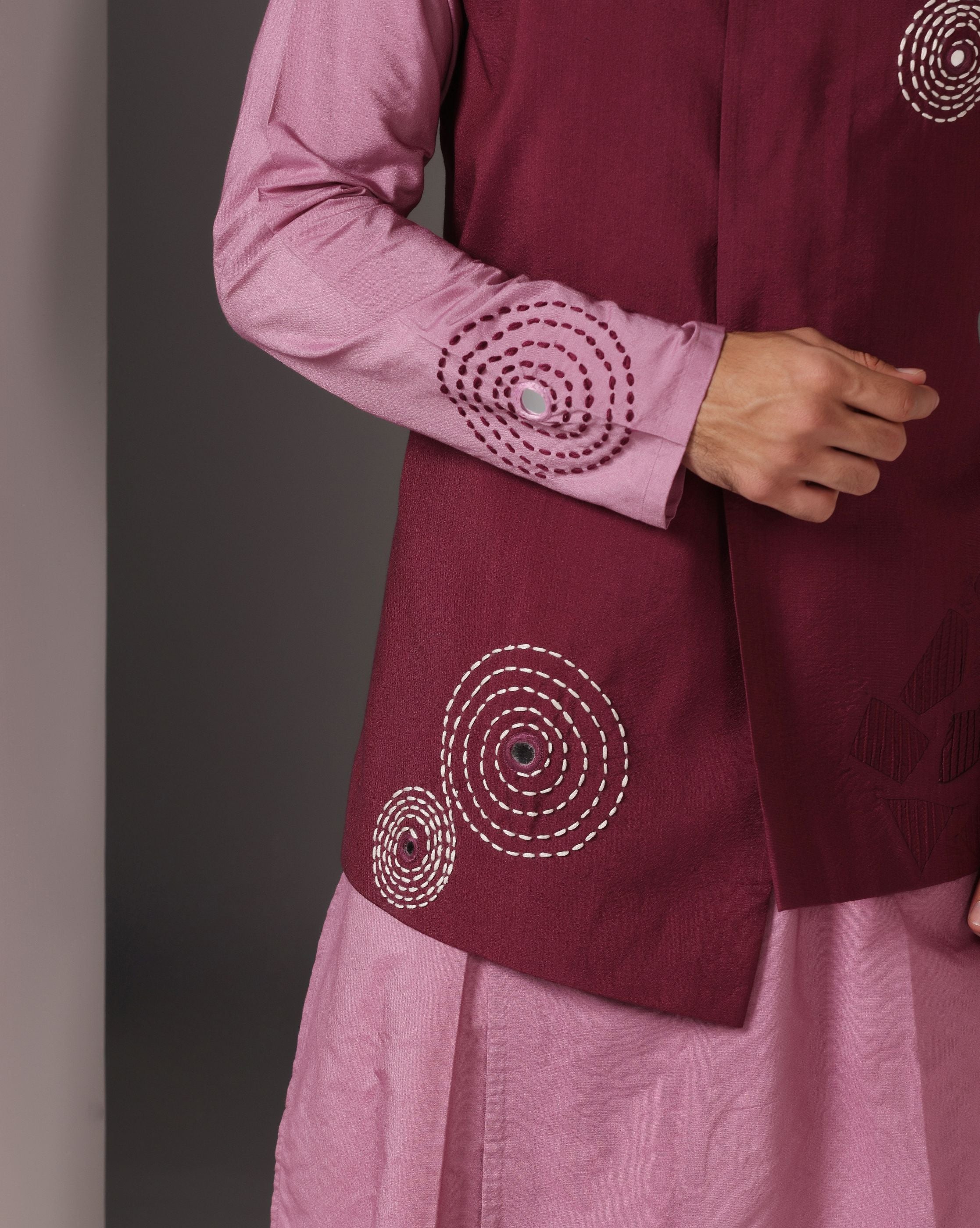 Pretty in Pink: Kurta with Maroon Embroidery and Pintuck Nehru Jacket