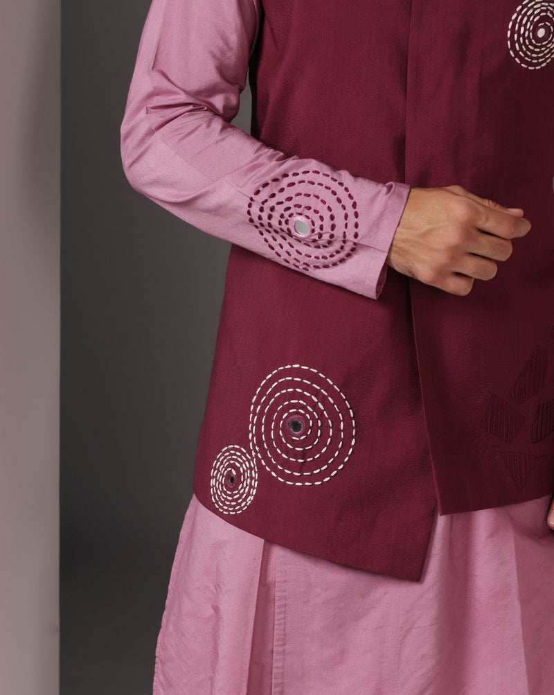 Pretty in Pink: Kurta with Maroon Embroidery and Pintuck Nehru Jacket