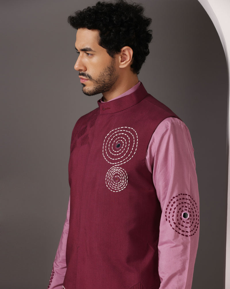 Pretty in Pink: Kurta with Maroon Embroidery and Pintuck Nehru Jacket