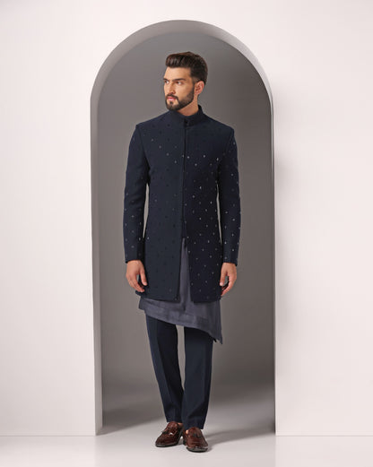 Blue Cutdaana open Indo-Western diagonal kurta | Bhavya Bhasin Couture