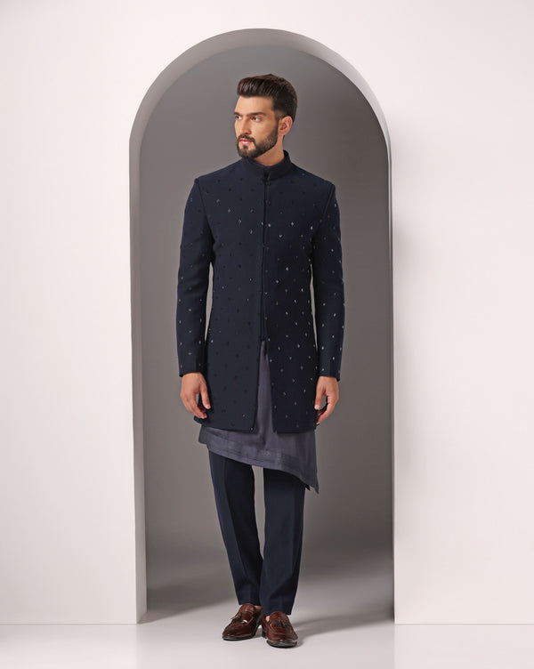 Radiant Blues: Hand-Embroidered Cutdaana on Open Indo with Diagonal Cut Kurta
