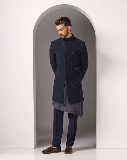 Radiant Blues: Hand-Embroidered Cutdaana on Open Indo-western with Diagonal Cut Kurta