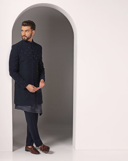 Radiant Blues: Hand-Embroidered Cutdaana on Open Indo-western with Diagonal Cut Kurta