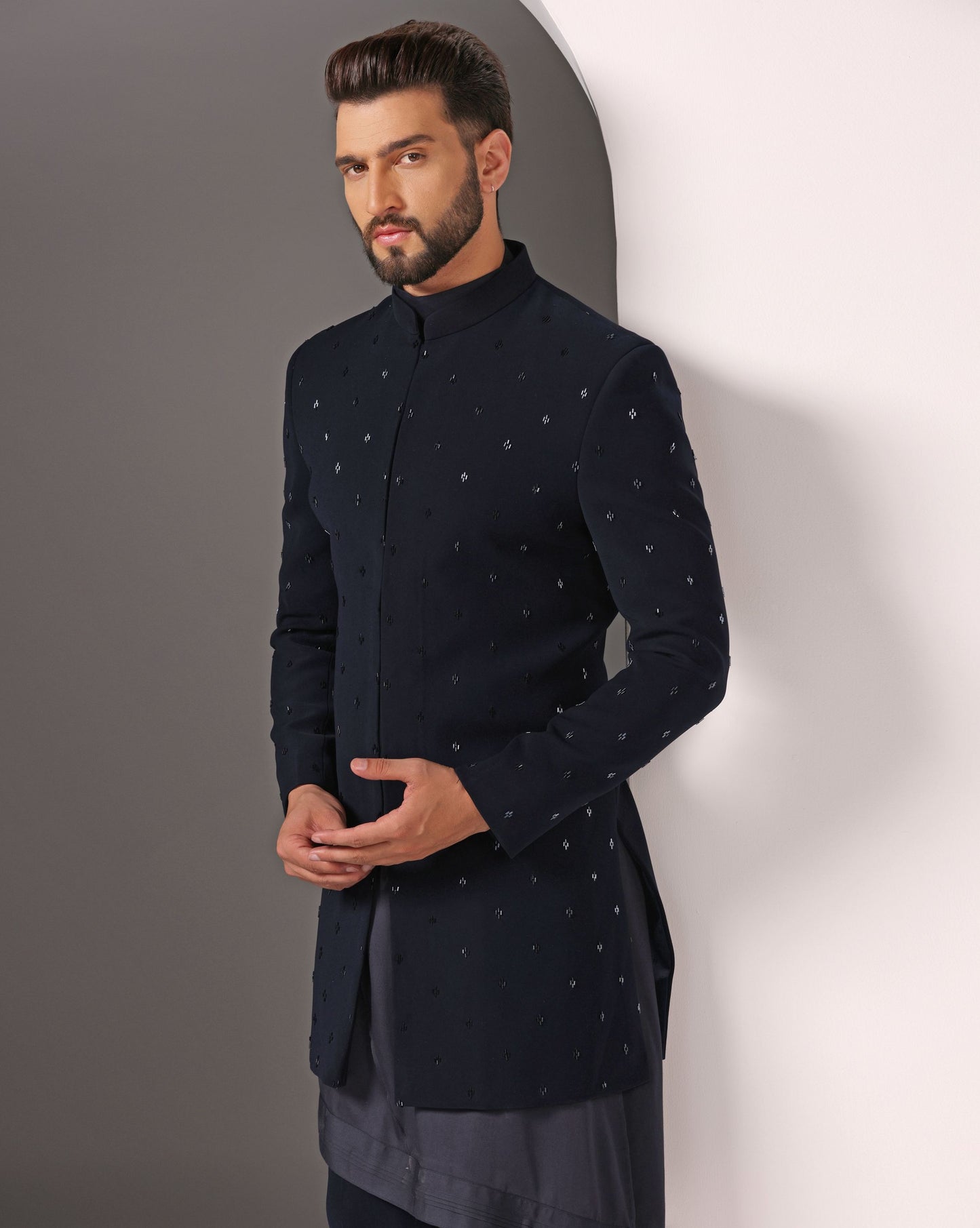 Radiant Blues: Hand-Embroidered Cutdaana on Open Indo-western with Diagonal Cut Kurta