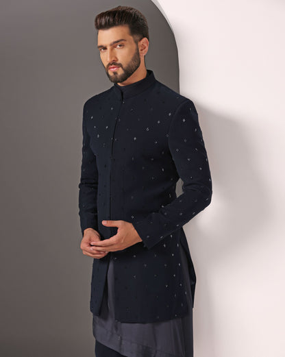 Radiant Blues: Hand-Embroidered Cutdaana on Open Indo-western with Diagonal Cut Kurta