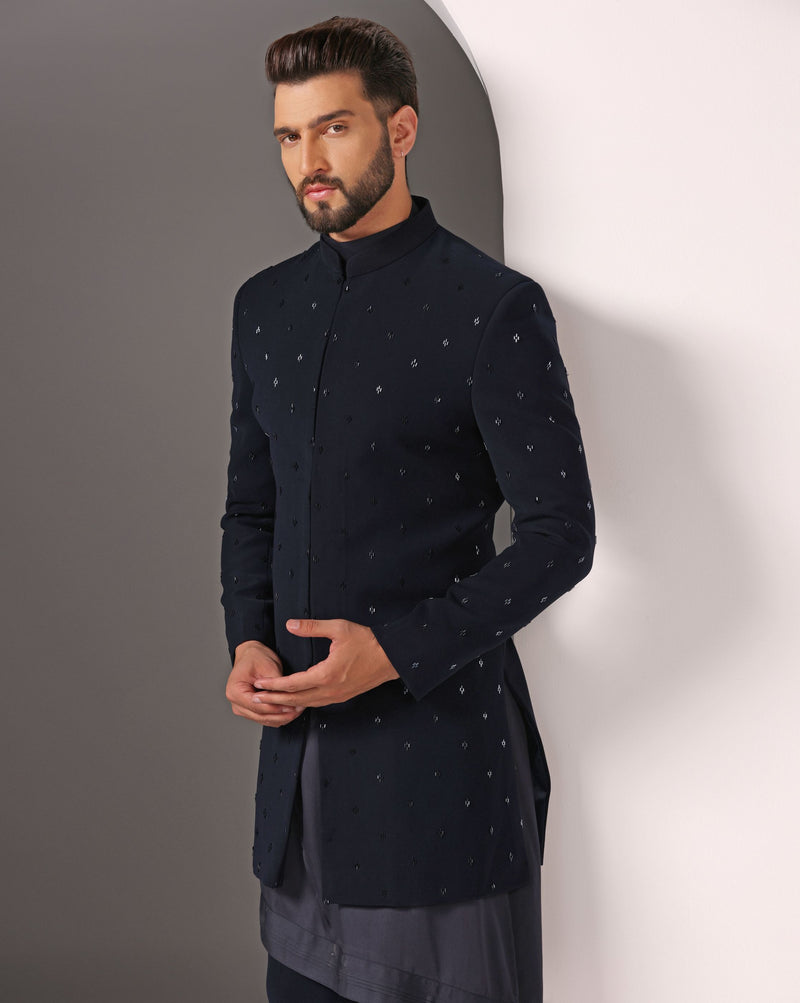 Radiant Blues: Hand-Embroidered Cutdaana on Open Indo with Diagonal Cut Kurta