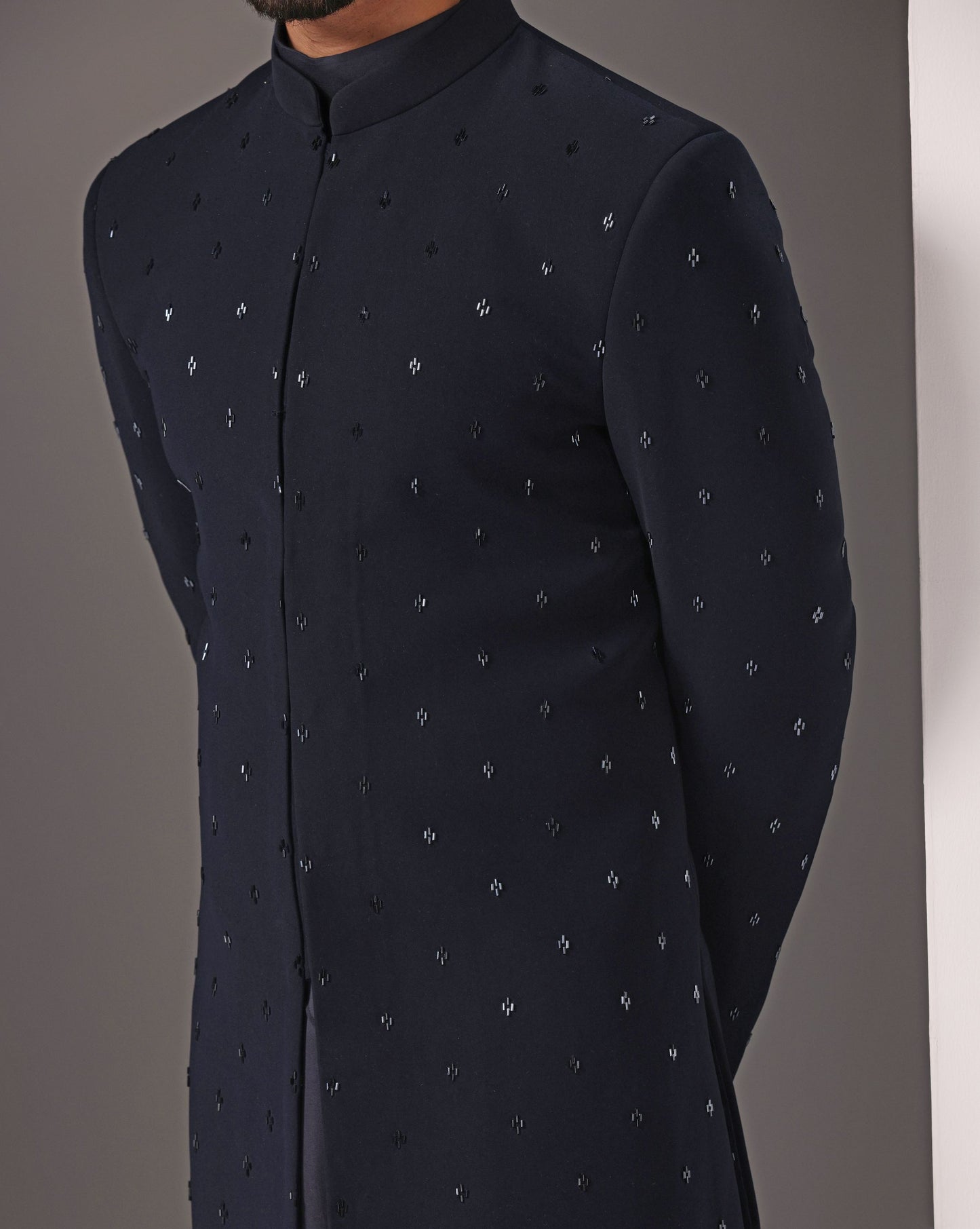 Radiant Blues: Hand-Embroidered Cutdaana on Open Indo-western with Diagonal Cut Kurta