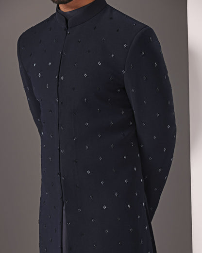 Radiant Blues: Hand-Embroidered Cutdaana on Open Indo-western with Diagonal Cut Kurta