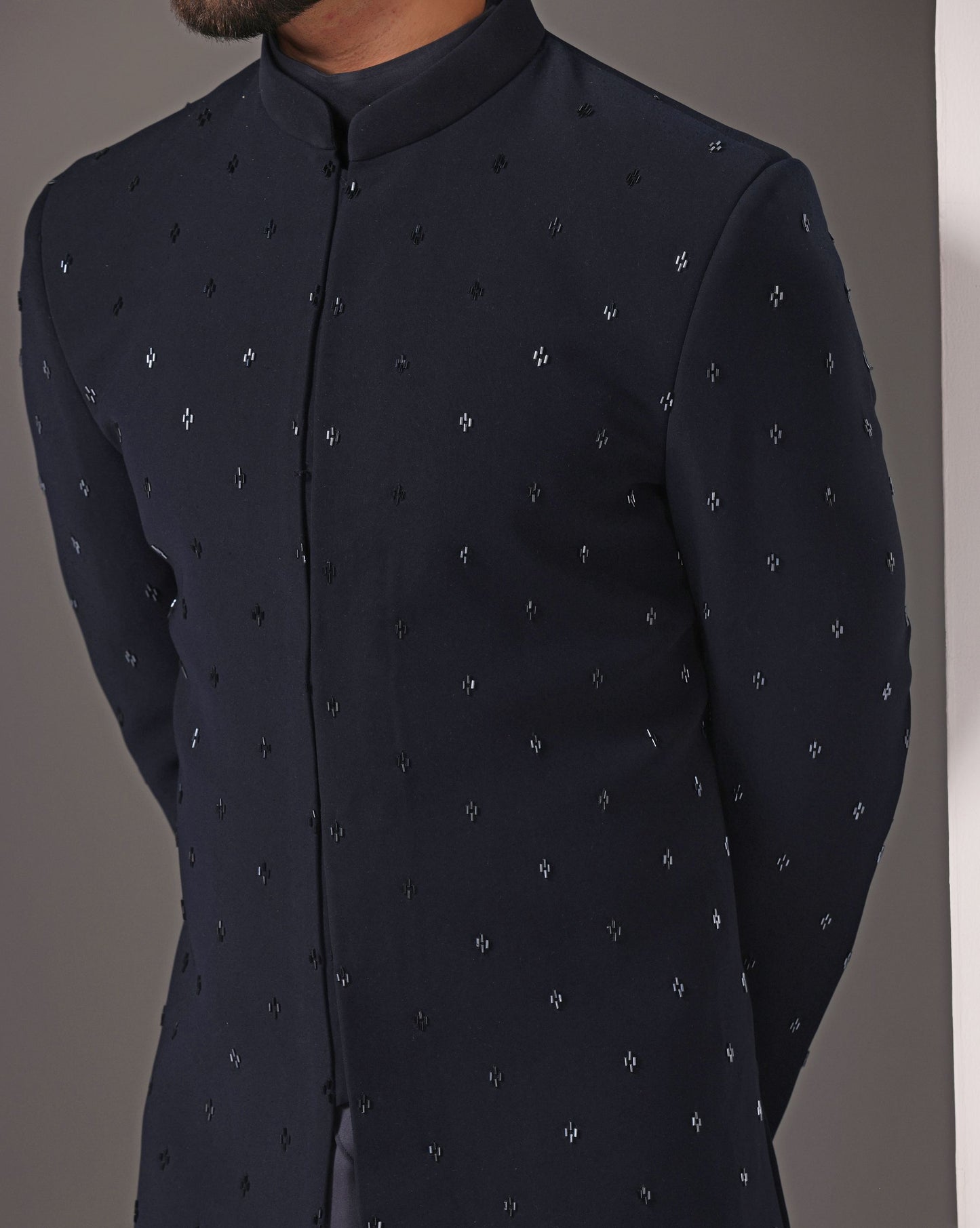 Radiant Blues: Hand-Embroidered Cutdaana on Open Indo-western with Diagonal Cut Kurta