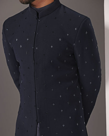 Radiant Blues: Hand-Embroidered Cutdaana on Open Indo-western with Diagonal Cut Kurta