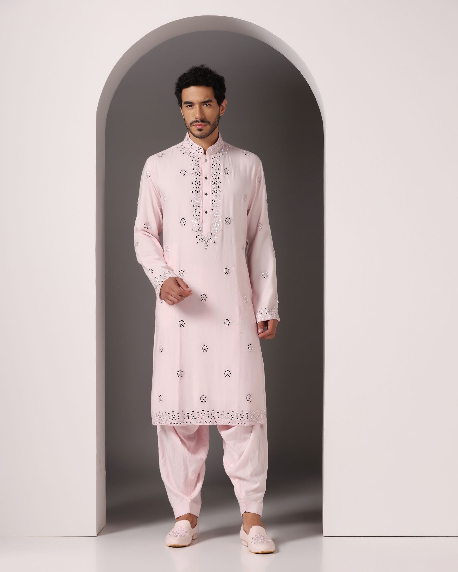 Enchanting in Baby Pink: Mirror-Embroidered Kurta with Salwar