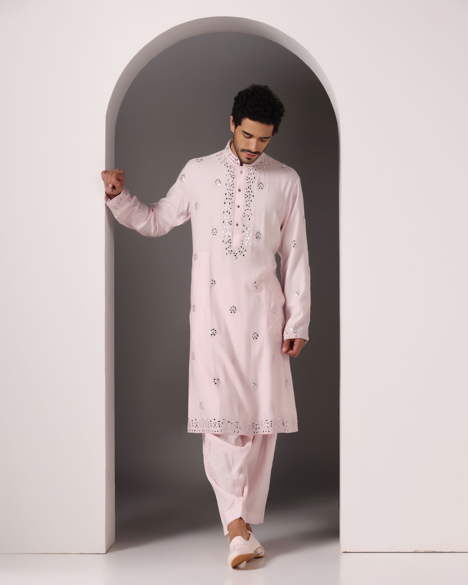 Enchanting in Baby Pink: Mirror-Embroidered Kurta with Salwar