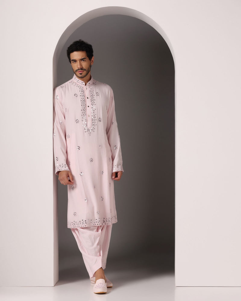 Enchanting in Baby Pink: Mirror-Embroidered Kurta with Salwar