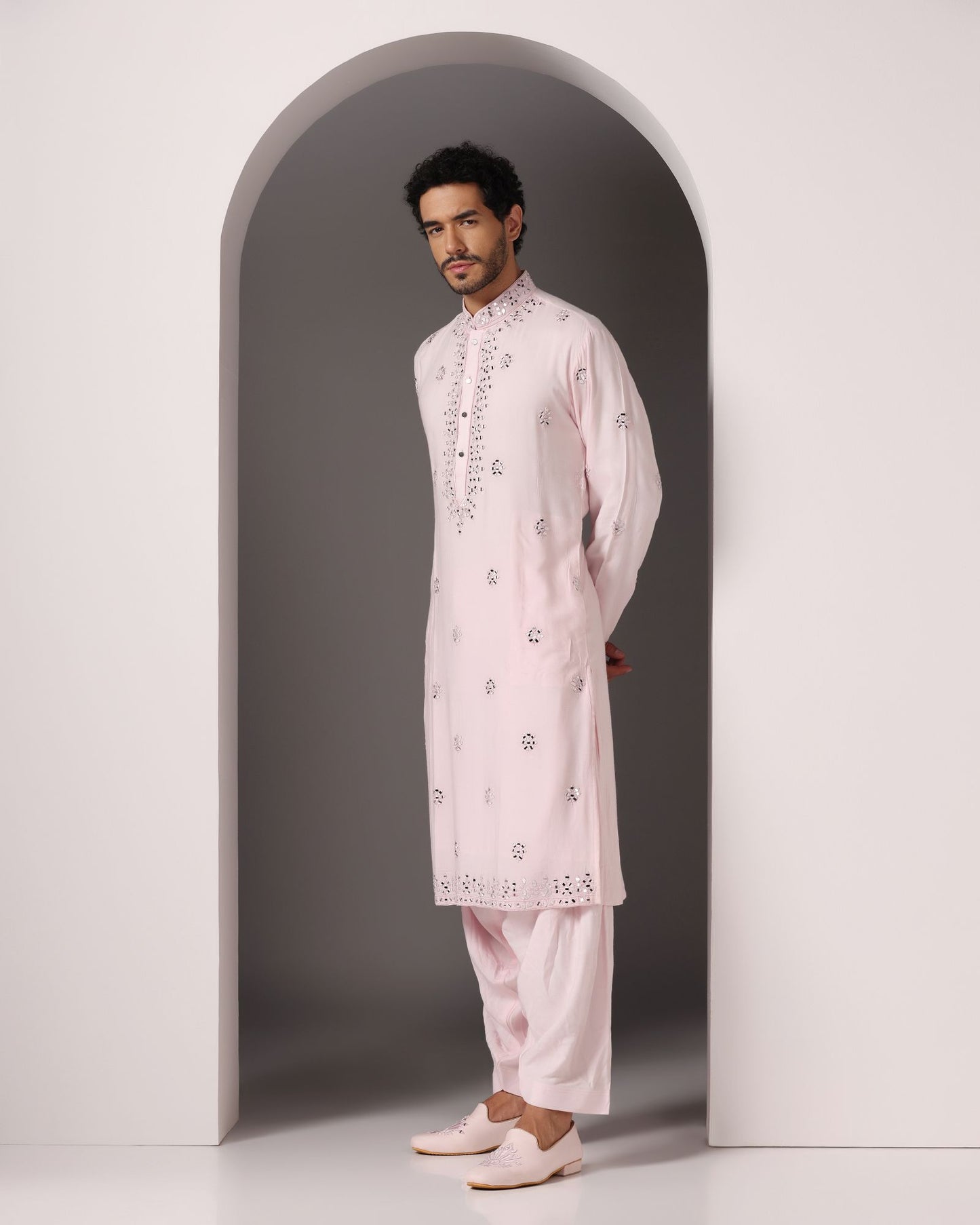 Enchanting in Baby Pink: Mirror-Embroidered Kurta with Salwar